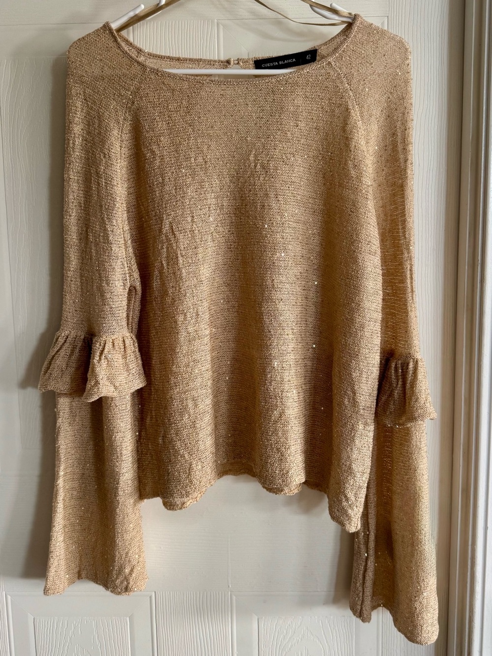 Cuesta Blanca Gold Metallic Knit Sequin Ruffle Long Sleeve Sweater Sz 42